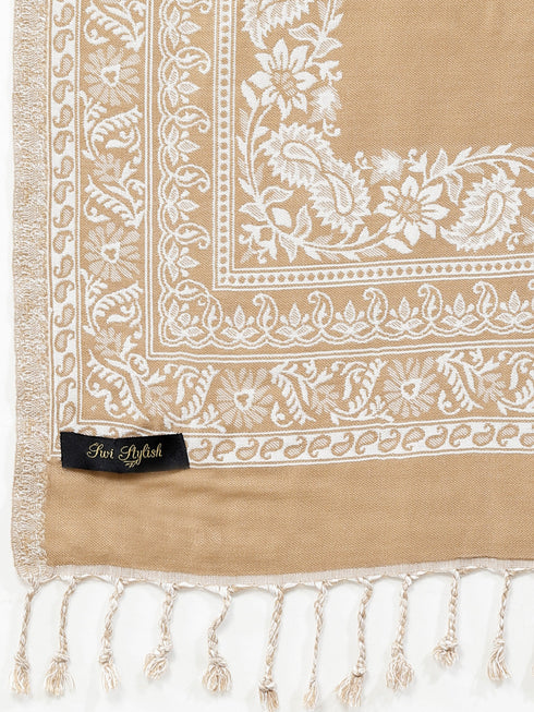 Women's Floral Jamawar Acrylic Border Wool Shawl